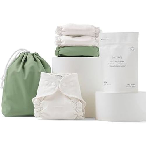 Esembly Cloth Diaper Try-It Kit, Starter Gift Set, Includes 3 Organic, Reusable Diapers Inners, 1 Stylish Outer, Patented Detergent & Wet Bag - Earth-Friendly Diapering, Aloe, Size 1 (7-18lbs)