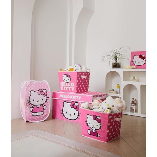 Idea Nuova Hello Kitty 4 Piece Storage Solution Set with Pop Up Hamper, Collapsible Storage Trunk and 2 Nestable Storage Bins