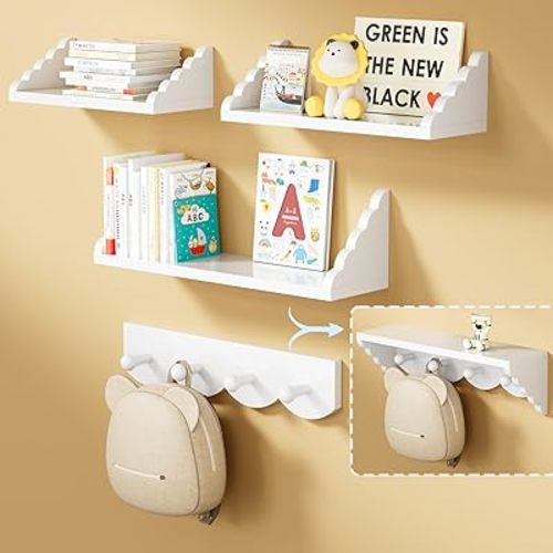Set of 3+1 Wooden Floating Shelves up to 16.5" with Optional Wave Pattern Side Panels and 1 Wall-Mount Coat Rack for Four Pegs, Versatile for Kids, Nursery, Study, Living Room - White
