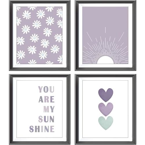 You are My Sunshine Boho Sage Purple Sun Sunshine Daisy Flower Hearts Poster Prints for Girls Kids Room Nursery Playroom Decor,Inspirational Quote Decorations Prints Wall Art Unframed 4pcs 8x10inches…