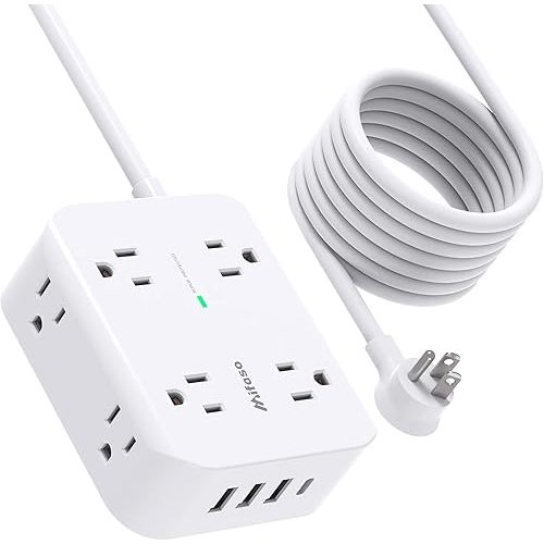 Surge Protector Power Strip 10ft Cord - Flat Plug, Wall Mount, 8 Wide Outlets with 4 USB Ports (1 USB C), Heavy Duty Extension Cord, Charging Station Overload Protection for Home, Office and Dorm