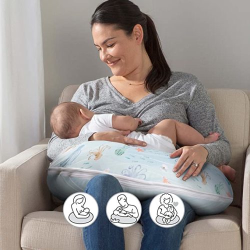 Boppy Nursing Pillow Original Support, Blue Ocean, Ergonomic Nursing Essentials for Bottle and Breastfeeding, Firm Fiber Fill, with Removable Nursing Pillow Cover, Machine Washable