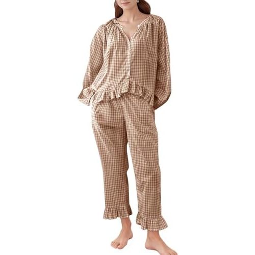 COZYPOIN Womens Plaid 2 Piece Pajamas Sets Cotton Gingham Puff Long Sleeve Babydoll Shirt Ruffle Pants Y2K Pjs Lounge Set