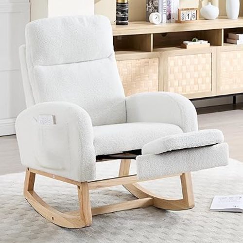 NIOIIKIT Oversized Nursery Rocking Chair, Teddy Upholstered Glider Chair with Footrest, Large Glider Rocker with Side Pocket, Rocking Accent Chair, Glider Recliner Chair for Living Room (White Teddy)