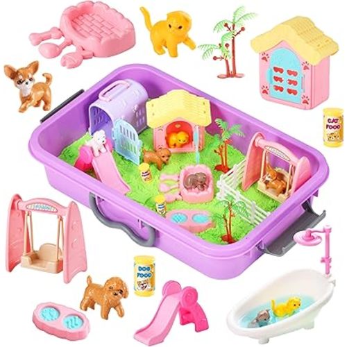 Pet Sensory bin,Dog and Cat Sandbox for Kids,Kids Play Sand Kit,Pet Play Set with Sensory Sand,Pet Care Play Set,Role Pretend Play Beach Toy Birthday Gift for Girls Boys 3 4 5 6 Years Old