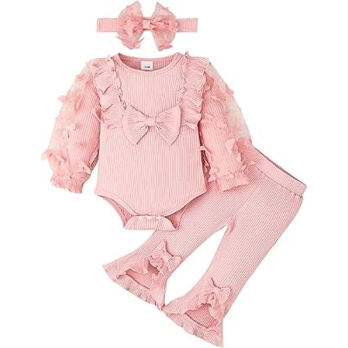 Baby Girl Clothes Newborn Outfits 3D Butterfly Long Sleeve Romper Flare Pants with Bow Headband Set 0-18 Months