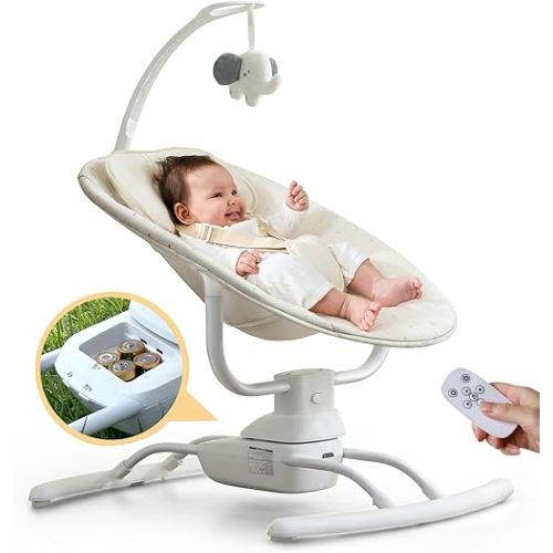 Baby Swings for Infants, Electric Baby Bouncer 3 Speeds, Portable Automatic Rocker with Remote Control, 8 Music Soothing Swing for Newborn Boys Girls 0-6 Month, AC Adapter & Battery Operated