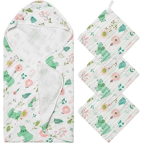 4Pcs Muslin Baby Hooded Towel & Washcloth Set Green Bear Cotton Absorbent Bath Towels Blanket with Hood Newborn Toddlers Infant Boys Girls Shower Gift for Baby Cleanups and Bathing