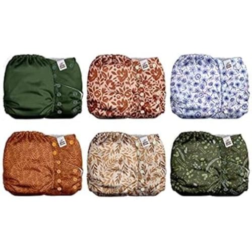 Mama Koala 2.0 Cloth Diapers for Babies with Suede Cloth Lining, 6 Pack with 6 Natural Cloth Diaper Inserts - Reusable and Washable Pocket Diapers (Neutral Leaves)