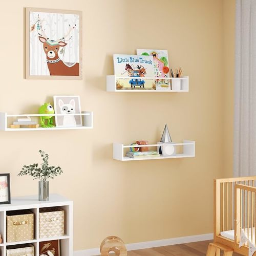 Fixwal Nursery Bookshelves, 16.5 Inch Floating Bookshelves for Wall Set of 3, Baby Kids Decor, Solid Wood Wall Mounted Shelves for Books, Toys and Decor Storage (White) - 16.5in