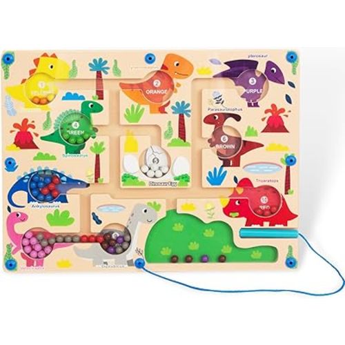 Magnetic Color & Number Maze, Montessori Wooden Color Matching Learning Counting Puzzle Board, Toddler Fine Motor Skills Toys for Boys Girls 3 4 5 Years Old - Dinosaur