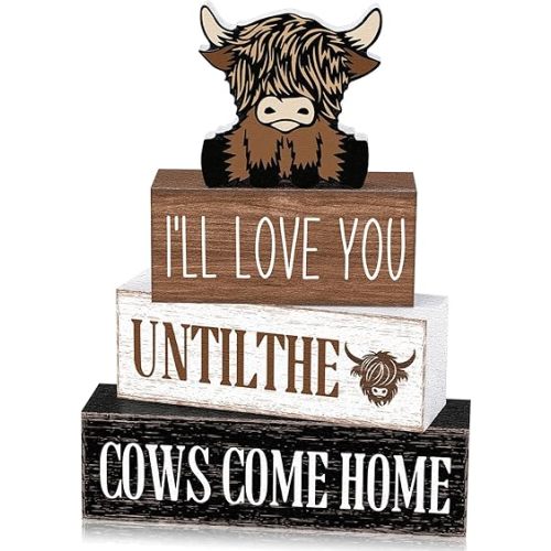 Marsui 4 Pcs Highland Cow Table Decorations Cow Wooden Signs Rustic Cow Tiered Tray Decor Western Tabletop Centerpieces Farmhouse Distressed Highland for Home Desk Room Kitchen Shelf Decor