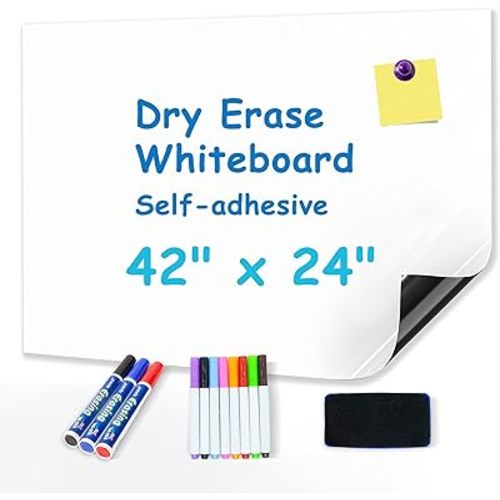 Magnetic Dry Erase Board Paper for Wall Self Adhesive Whiteboard White Board Sticker 42" x 24" for Office Home Playroom with Marker Eraser Magnet Peel and Stick