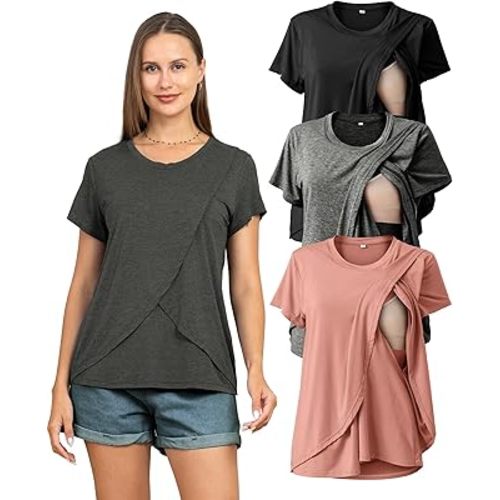 Rnxrbb 3 Pack Women's Nursing Tops for Breastfeeding Summer Short Sleeve T Shirts Postpartum Double Layer Clothes