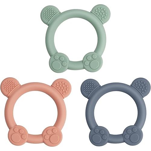 3 Pack Baby Teether, Bear-Shaped Silicone Teething Toys for Infants 0-24 Months, BPA-Free Chew Toys to Soothe Sore Gums (Pale Pink & Green & Blue)