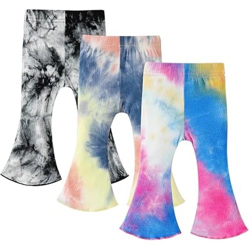 3 Pack Baby Girl Pants Tie-Dye Toddler Girls Flare Pants Newborn Bell Bottoms Ruffled Ribbed Knite Toddler Leggings
