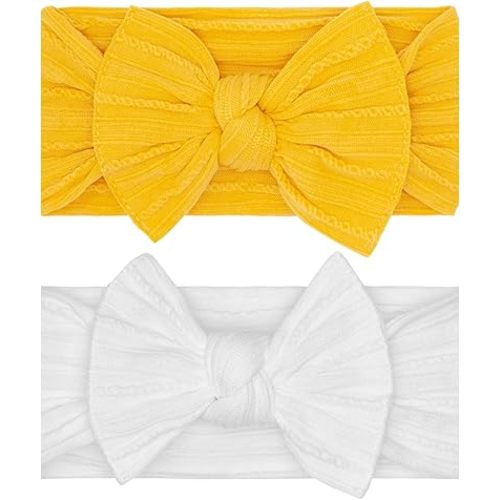 Baby Bling Bows - Newborn to Little Baby Girl Bows, 2 Pack Nylon Super Soft Stretchy Knot Toddler Headbands, Perfect Hair Accessories Head Bands for Infant Kids(Yellow & White)