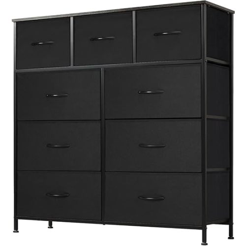 DUMOS Dresser for Bedroom, Storage Organizer with 9 Drawers, Chest of Drawers with Fabric Bins, Sturdy Metal Frame, Wood Tabletop for Guest Room, Closet, Entryway, Nursery