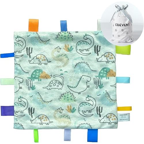 CREVENT Tag Security Blankets for Babies, Soft Small Loveys for Girls, Baby Comforter Sensory Blanket, Great Gifts for Birthday Baby Shower 10"X10" (Dinosaur)