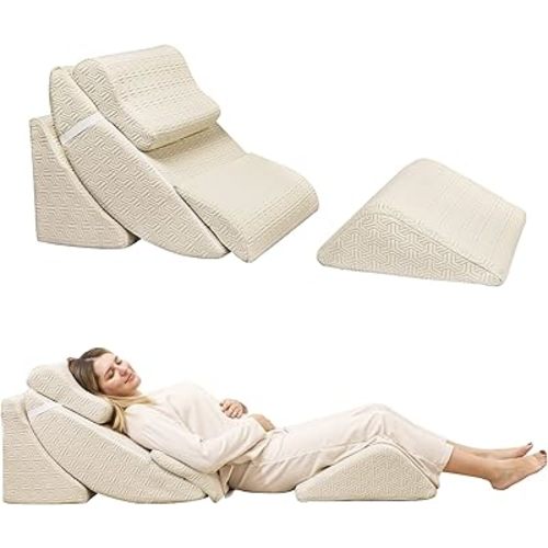 5pcs Orthopedic Bed Wedge Pillow Set, Adjustable Memory Foam, Post Surgery Foam for Back Neck & Leg Pain Relief Support, Acid Reflux, Snoring Reading, Sleeping, Sitting up, Beige