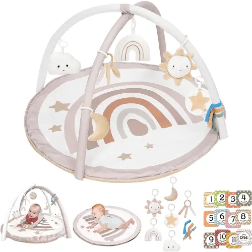 Baby Play Gym Mat, Tummy Time Activity Mat with 7 Detachable Toys and 12 Milestone Cards for Stage-Based Sensory and Motor Skill Development, Washable Play Mats for Infant, Newborn Baby Essentials