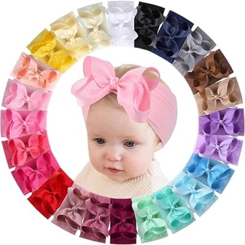 OAOLEER 24PCS Baby Girls Bows Headbands, Nylon Hairbands Ribbon Bow Elastic Hair Accessories for Newborns Infants Toddlers and Kids (Baby Headbands)