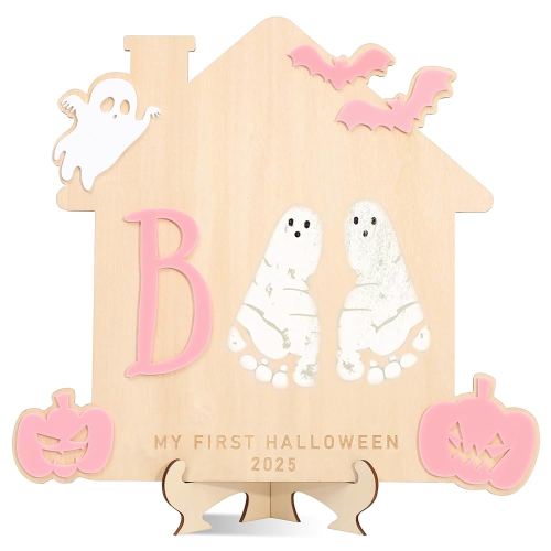 Halloween Footprint or Handprint Art Sign | Trick or Treat | My Little Boo | Baby’s First Halloween Keepsake | Kid Craft | 2025 | Engraved (Pink My Little Boo Footprint)