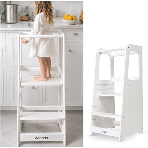 dadada Baby Montessori Toddler Tower - Adjustable Kitchen Step Stool for Kids with Safety Rail - Baby-Safe Finish, Encourages Cooking Skills and Independence - White