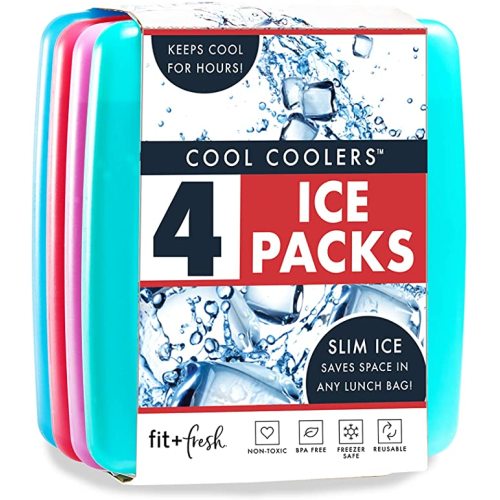 Cool Coolers by Fit & Fresh 4 Pack Slim Ice Packs, Quick Freeze Space Saving Reusable Ice Packs for Lunch Boxes or Coolers, Multi Colored
