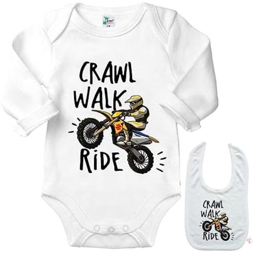 Crawl Walk Ride -Cute Motorcycle Shirt Newborn Baby Bodysuit Outfit Onesie & Bib