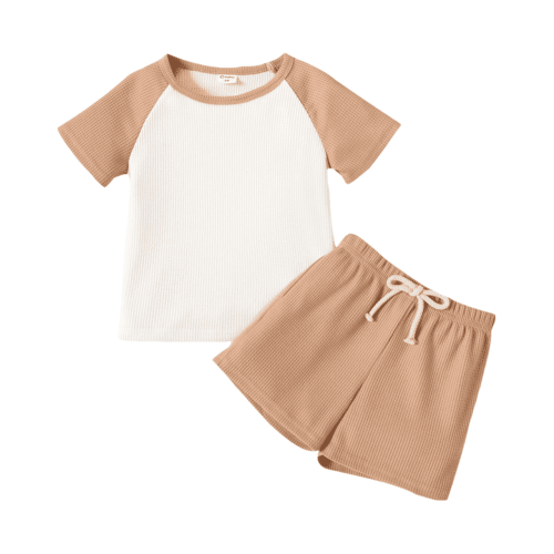 PatPat Toddler Boys Clothes Baby Boy Outfit Sets Kids Waffle Color Block Raglan Sleeve Tee & Solid Shorts Set,2-Piece, Brown,5-6T