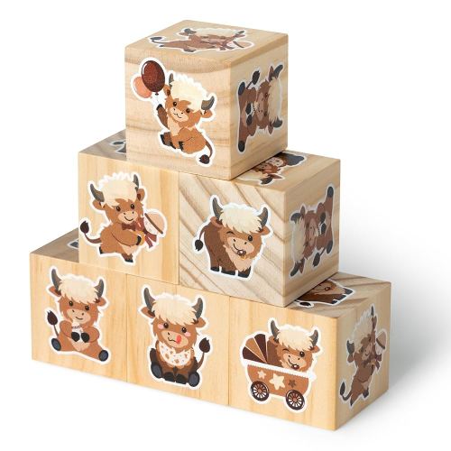 R HORSE 6Pcs Highland Cow Baby Wooden Decoration, Animal Themed Wood Blocks for Boys Girls Baby Shower Table Centerpieces, Watercolor Shelf Decor for Nursery Bedroom Playroom