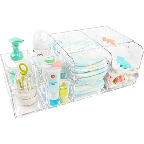 Diaper Caddy Acrylic, Baby Changing Table Organizer, Dresser Tabletop Organizer with 4 Detachable Compartments, Storage for Wipe Dispenser, Anti-slip Rubber Feet, Newborn Baby Essentials, Transparent