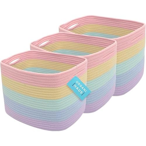 OrganiHaus Set of 3 Cute Rainbow Storage Basket for Toys & Cloths, Cotton Rope Basket for Decor, Shoe Basket Organizers, Decorative Pastel Storage Bins, Woven Storage Baskets for Organizing