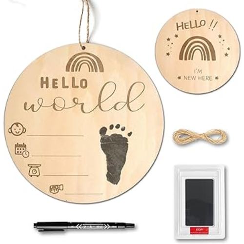 Wooden Baby Announcement Sign, Hello World Newborn Sign With Pen And Ink Pad, Birth Announcement Sign, Baby Name Announcement Sign Newborn for Nursery Gift Baby Photo Prop Shower Keepsakes