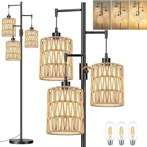 Boho Floor Lamp for Living Room Bedroom-3 Light Dimmable Floor Lamp with Three Led Bulb, Rustic Tall Lamp Black Standing Lamp Tree Floor Lamps for Living Room Bedroom,Office,Corner