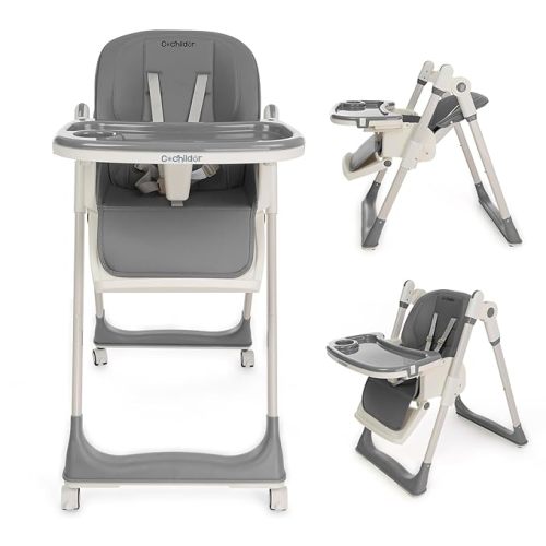 Cochildor 3-in-1 Foldable High Chair for Babies & Toddlers – Adjustable Height, Reclining Seat, 5-Point Safety Harness, Removable Tray, Lockable Wheels, Washable Cushion – Portable & Easy Clean, Gray