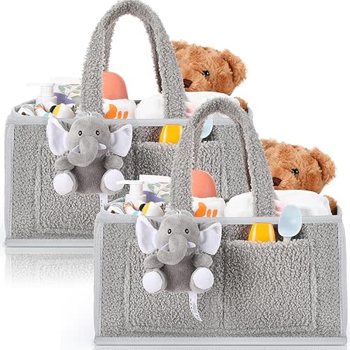 2 Pcs Large Baby Diaper Caddy Organizers Nursery Diaper Storage Bin with Handle Doll Ornament Portable Baby Basket for Changing Table Shower Favor Car New Mom 13. 8" x 9. 8" x 7. 1"(Gray)