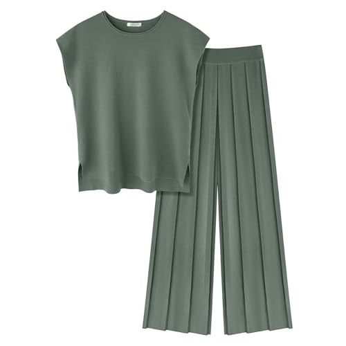 Ekouaer Lounge Sets for Women Two Piece Outfits Knit Cap Sleeve Tops Wide Leg Pleated Pants Casual Dressy Sweater Sets