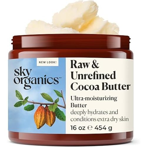 Sky Organics Cocoa Butter for Body, 100% Raw & Unrefined Ultra-Moisturizing Butter to Deeply Hydrate & Condition Skin, Promotes Smooth Skin Tone & Texture, Suitable for Tight or Extra Dry Skin, 16 Oz.