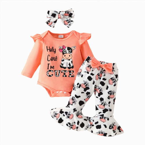 UAYOTSE Baby Girl Clothes Girl Cow Print Long Pant Set Clothes(Orange&1,3-6 Months)