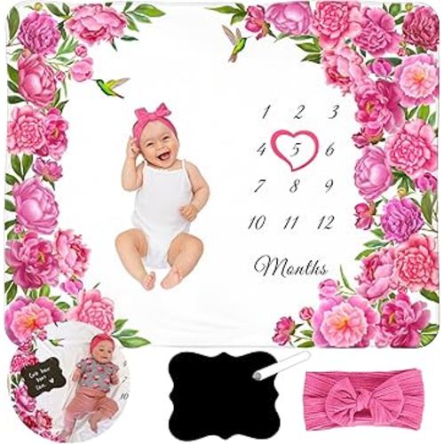 Milestone Blanket for Baby Girl Personalized Board with Frame and Headband, Floral Baby Girl Milestone Blanket Monthly Baby Milestone, Baby Girl Month Blanket, 50x40