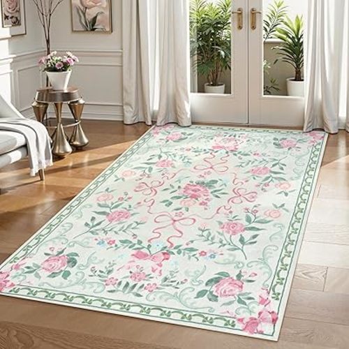 Collive 3x5 Nursery Rug, Boho Green Floral Area Rugs Machine Washable, Soft Ultra-Thin Bow Carpet Non Slip for Girls Room Bedroom Entryway Playroom Living Room (Green, 3' X 5')