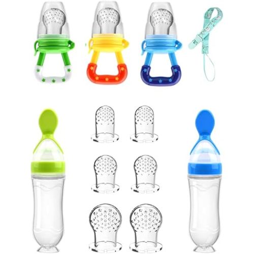 Food Feeder Baby Fruit Pacifier (3 Pcs) with 6 Different Sized Silicone Pacifiers 2 PCS Dispensing Spoon 90ML Spoons Clip Infant Teething Toy -Blue