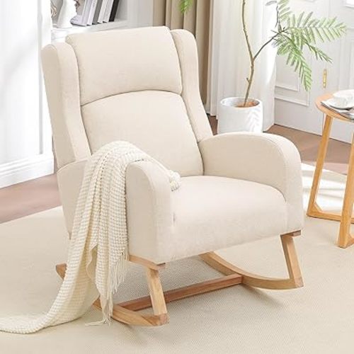 Rocking Chair Nursery, Nursing Rocking Chairs for Mom Nursery, Comfy Wingback Glider Rocking Armchair with Side Pocket for Nursery Living Room Bedroom (Beige, Without Footrest)