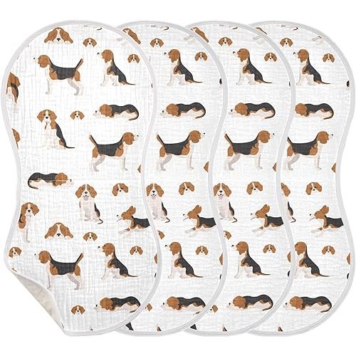 Muslin Burp Cloths for Baby Boys and Girls - 4-Pack Ultra Absorbent Beagle Dog Muslin Washcloths, Newborn Towel, Milk Spit Up Rags, Burp Cloth Bib for Unisex, 22 x 11 Inch