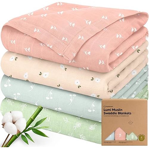 4-Pack Muslin Swaddle Blankets for Boys, Girls - Organic Baby Swaddles for Newborns, Soft & Breathable Receiving Baby Blankets for Girl, Boy, Neutral, Newborn Essentials Gift (Bloom)