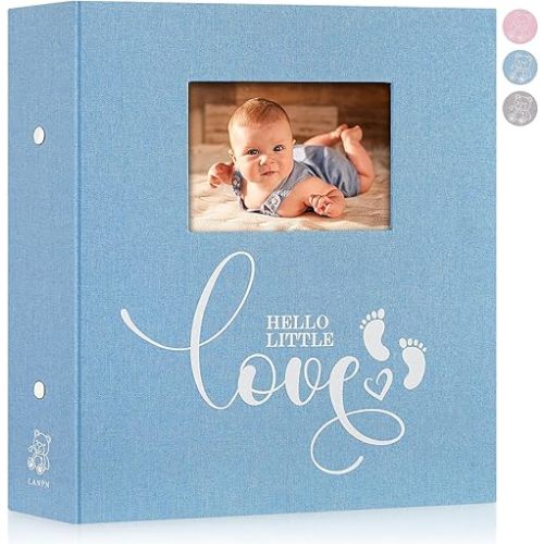 Lanpn Baby Photo Album 4x6 600 Pockets, Linen cover Newborn Bebe Memory Book Photobook Holds 600 Horizontal and Vertical Pictures, Picture Album with Front Window Gift for Boy Girl Baby Shower Blue