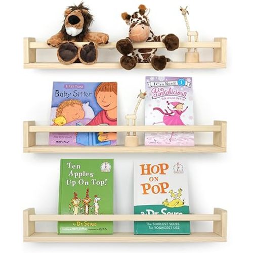 Nursery Book Shelves for Wall, 23.6 Inch Solid Wood Floating Nursery Bookshelf, Wooden Floating Shelves for Toys and Decor Storage, 23.6 Inch Set of 3 Natural Wood
