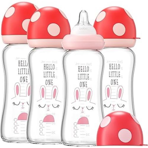 YOHKOH Natural Glass Baby Bottle with Natural Response Nipple, Newborn Anti-Colic Baby Bottles, Wide Neck Mushroom Cap Baby Bottle, Clear (8.8ounce (Pack of 4), Red1)